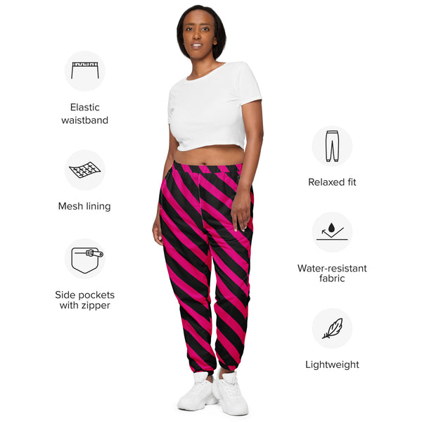 Pink Black Striped Track Pants, Modern Luxury Best Breathable Casual Unisex Running Athletic Jogger Track Trouser Sweatpants Pants For Men and Women - Made in USA/EU/MX (US Size: XS-3XL) Track Pants For Men or Women, Best Mens Sweatpants, Women or Men Running Pants
