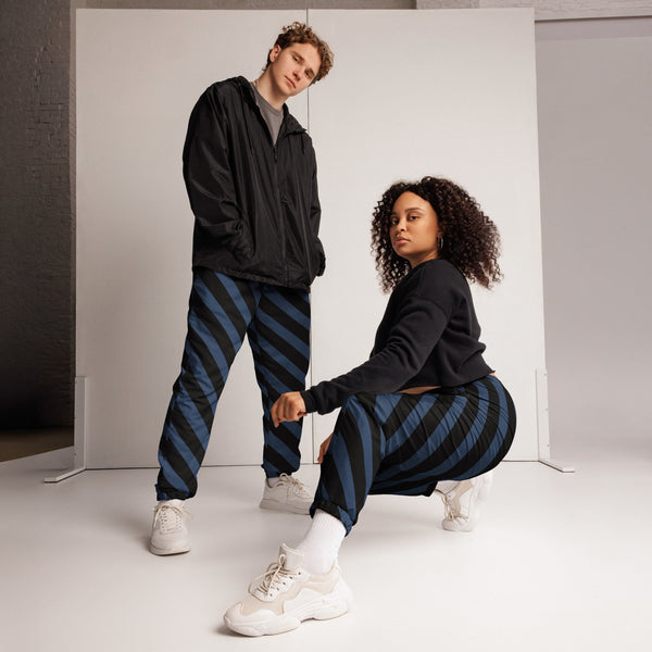 Blue Black Striped Track Pants, Modern Luxury Best Breathable Casual Unisex Running Athletic Jogger Track Trouser Sweatpants Pants For Men and Women - Made in USA/EU/MX Track Pants For Men or Women, Best Mens Sweatpants, Women or Men Running Pants&nbsp;&nbsp;