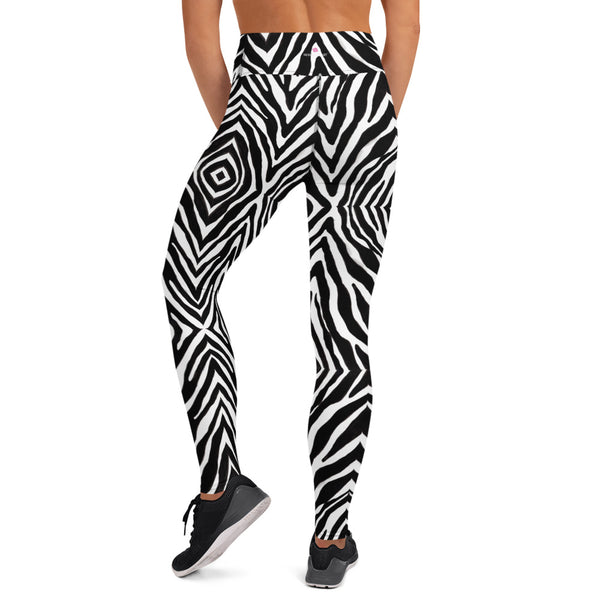 Black Zebra Print Yoga Leggings, Zebra Animal Print Active Wear Fitted Leggings Sports Long Yoga &amp; Barre Pants - Made in USA/EU/MX (US Size: XS-6XL)