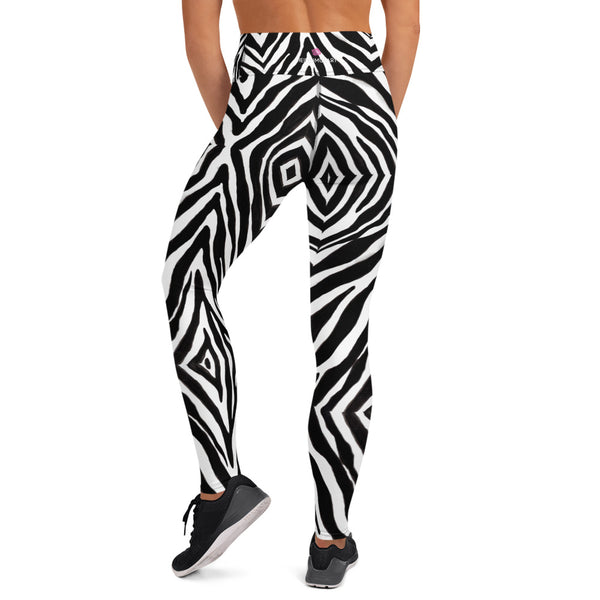 Black Zebra Print Yoga Leggings, Zebra Animal Print Best Women's Active Wear Sports Long Yoga Pants-Made in USA/EU/MX
