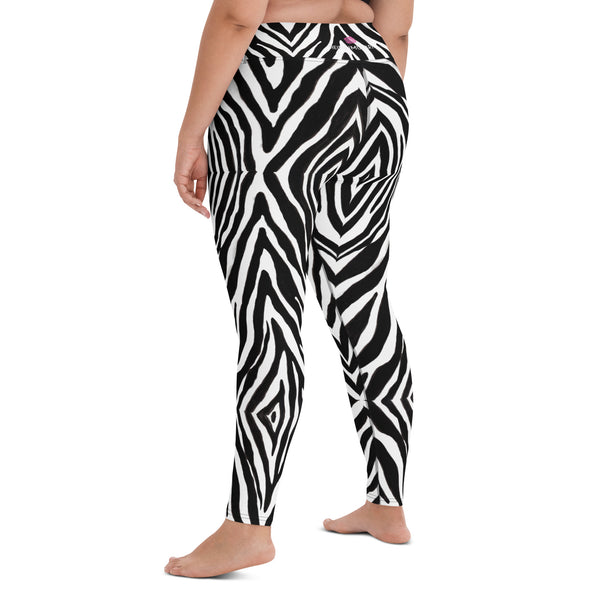 Black Zebra Print Yoga Leggings, Black and White Zebra Animal Print Active Wear Fitted Leggings Sports Long Yoga &amp; Barre Pants - Made in USA/EU/MX (US Size: XS-6XL)