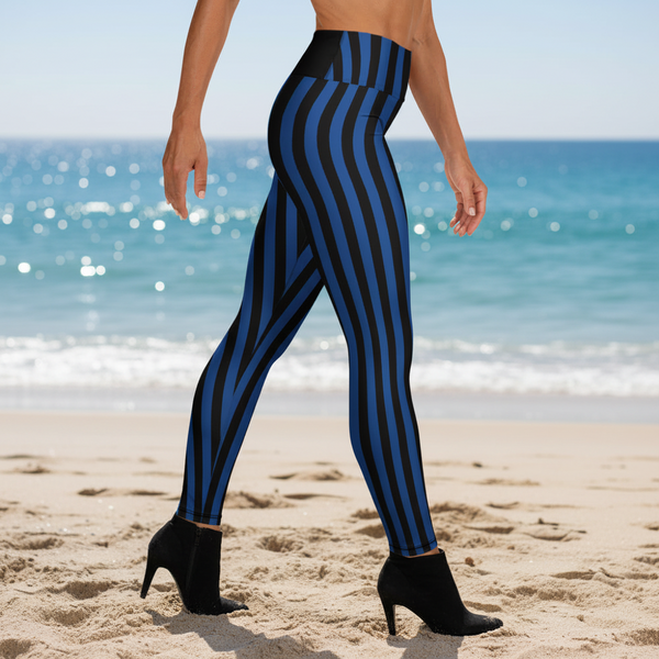 Black Blue Striped Women's Tights, Best Yoga Leggings