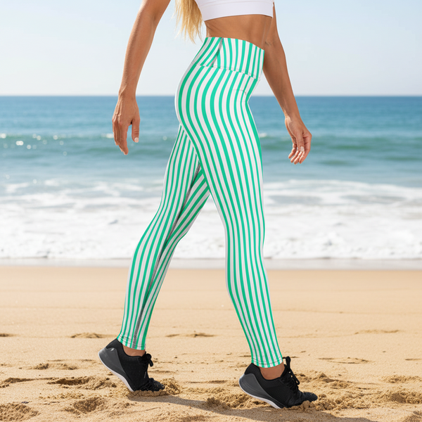 Turquoise Blue Striped Women's Tights, Best Yoga Leggings