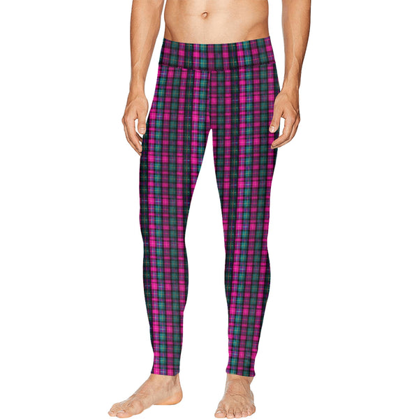 Pink Plaid Print Men's Tights, Best Designer Pink Plaid Men's Compression Tights For Men (Size: S-2XL) Meggings Men's Workout Gym Tights Leggings, Men's Compression Tights Pants