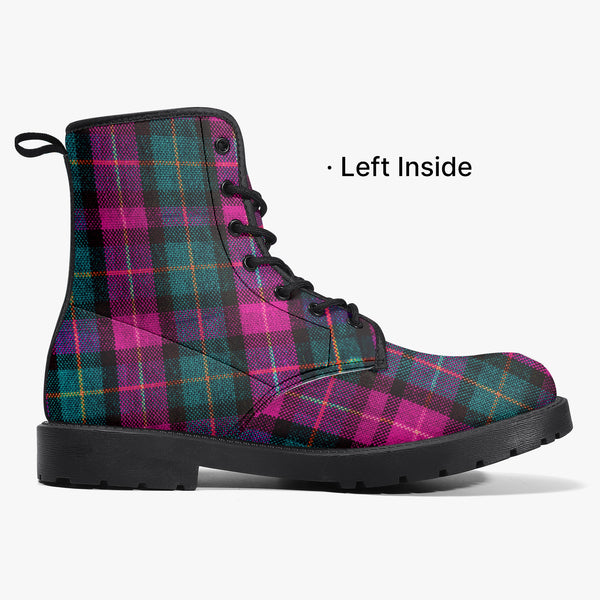 Pink Plaid Print Women's Boots, Pink &amp; Green Scottish Style Plaid Print Designer Best Water Resistant Anti-Moisture Durable Winter Boots For Women (US Size 5.5-12) Pink Plaid Women's Canvas Boots, Pink &amp; Green Scottish Style Plaid Classic Print Elegant Feminine Casual Fashion Gifts,&nbsp;Pink Plaid Print&nbsp;Shoes For Plaid Lovers, Water Resistant Anti-Moisture Combat Boots, Designer Women's Winter Lace-up Toe Cap Hiking Boots Shoes For Women