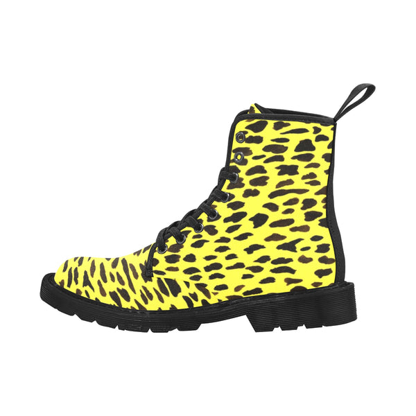 Yellow Cheetah Print Men Hiker Boots, Yellow and Brown Animal Print Combat Work Hunting Boots, Anti Heat + Moisture Designer Men's Winter Boots Laced Up Best Hiking Shoes (US Size: 7-10.5)&nbsp;Yellow Cheetah Men's Boots | Best Hiking Winter Boots Laced Up Shoes For Men | Cheetah Canvas Boots | Cheetah Print Boots | Mens Work Boots