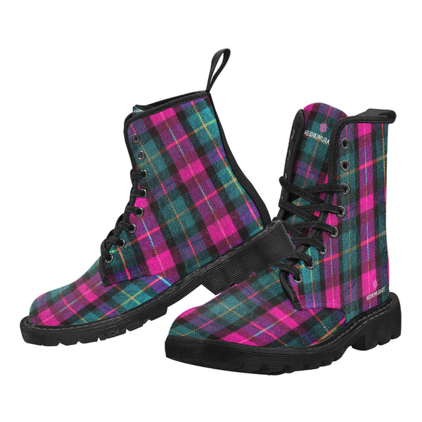 Pink Plaid Women's Canvas Boots, Pink &amp; Green Scottish Style Plaid Classic Print Elegant Feminine Casual Fashion Gifts,&nbsp;Pink Plaid Print&nbsp;Shoes For Plaid Lovers, Water Resistant Anti-Moisture Combat Boots, Designer Women's Winter Lace-up Toe Cap Hiking Boots Shoes For Women (US Size 6.5-11)&nbsp;