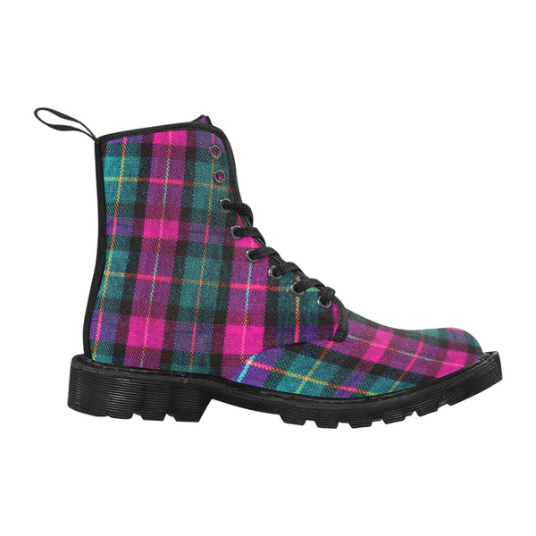 Pink Plaid Women's Canvas Boots, Pink &amp; Green Scottish Style Plaid Classic Print Elegant Feminine Casual Fashion Gifts,&nbsp;Pink Plaid Print&nbsp;Shoes For Plaid Lovers, Water Resistant Anti-Moisture Combat Boots, Designer Women's Winter Lace-up Toe Cap Hiking Boots Shoes For Women (US Size 6.5-11)&nbsp;