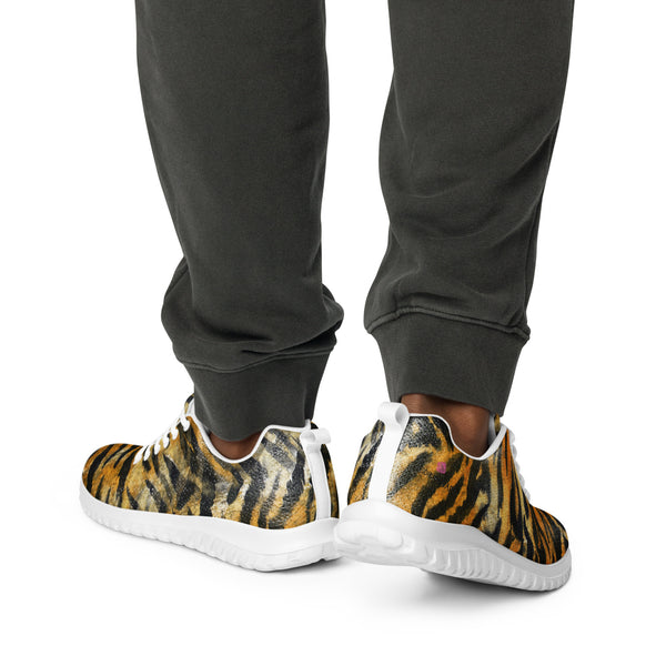 Tiger Striped Print Men's Kicks, Orange Brown Tiger Striped Animal Print Modern Breathable Lightweight Best Premium Designer Men’s Lace-up Low Top Sneakers, Modern Essential Classic Every Day Best Quality Fashionable Running Casual Canvas Breathable Comfortable Running Shoes With White Laces and Padded Tongues and Thick Outsoles (US Size: 5-13)