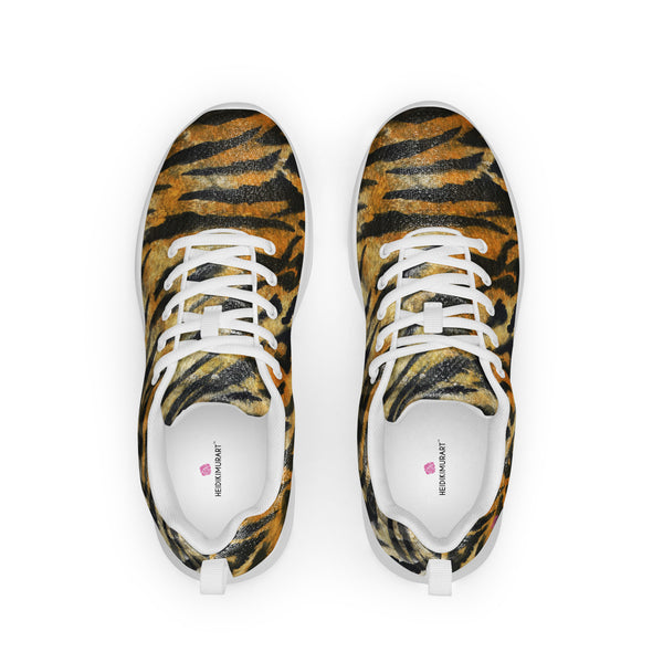 Tiger Striped Print Men's Kicks, Orange Brown Tiger Striped Animal Print Modern Breathable Lightweight Best Premium Designer Men’s Lace-up Low Top Sneakers, Modern Essential Classic Every Day Best Quality Fashionable Running Casual Canvas Breathable Comfortable Running Shoes With White Laces and Padded Tongues and Thick Outsoles (US Size: 5-13)