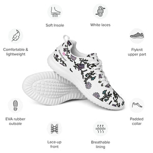 White Floral Men’s Athletic Shoes, Abstract Floral Print Modern Breathable Lightweight Best Premium Designer Men’s Lace-up Low Top Sneakers, Modern Essential Classic Every Day Best Quality Fashionable Running Casual Canvas Breathable Comfortable Running Shoes With White Laces and Padded Tongues and Thick Outsoles (US Size: 5-13)