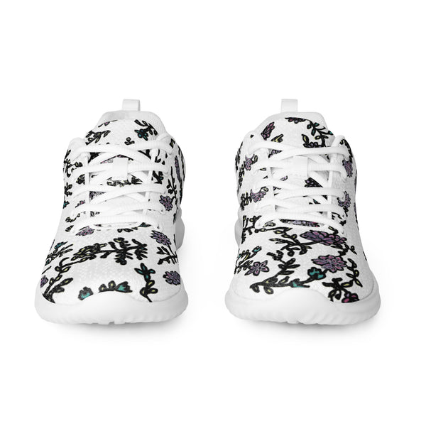 White Floral Men’s Athletic Shoes, Abstract Floral Print Modern Breathable Lightweight Best Premium Designer Men’s Lace-up Low Top Sneakers, Modern Essential Classic Every Day Best Quality Fashionable Running Casual Canvas Breathable Comfortable Running Shoes With White Laces and Padded Tongues and Thick Outsoles (US Size: 5-13)