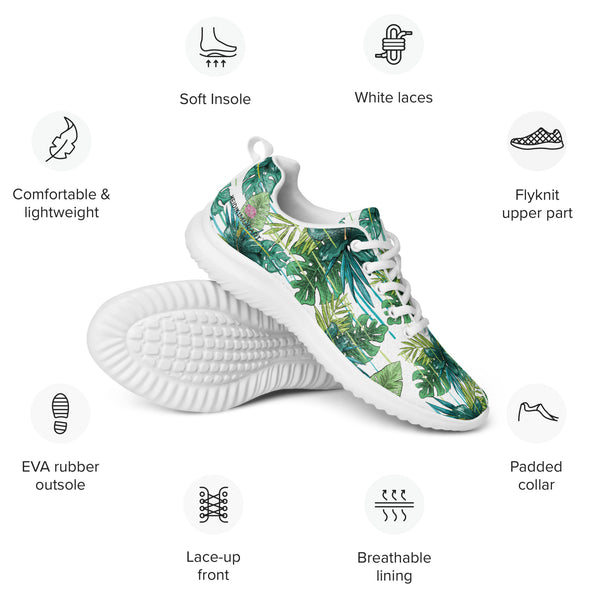 Green Tropical Men's Sneakers, Tropical Leaves Print Modern Breathable Lightweight Best Premium Designer Men’s Lace-up Low Top Sneakers, Modern Essential Classic Every Day Best Quality Fashionable Running Casual Canvas Breathable Comfortable Running Shoes With White Laces and Padded Tongues and Thick Outsoles (US Size: 5-13)