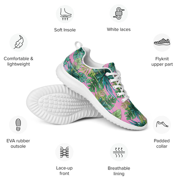 Pink Green Tropical Men's Sneakers, Tropical Leaves Print Modern Breathable Lightweight Best Premium Designer Men’s Lace-up Low Top Sneakers, Modern Essential Classic Every Day Best Quality Fashionable Running Casual Canvas Breathable Comfortable Running Shoes With White Laces and Padded Tongues and Thick Outsoles (US Size: 5-13)