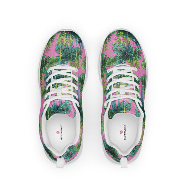 Pink Green Tropical Men's Sneakers, Tropical Leaves Print Modern Breathable Lightweight Best Premium Designer Men’s Lace-up Low Top Sneakers, Modern Essential Classic Every Day Best Quality Fashionable Running Casual Canvas Breathable Comfortable Running Shoes With White Laces and Padded Tongues and Thick Outsoles (US Size: 5-13)