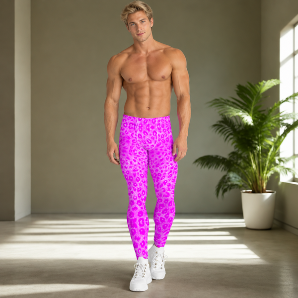 Hot Pink Leopard Men's Leggings, Cute Leopard Animal Print Meggings Compression Tights-Made in USA/EU