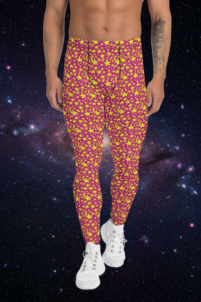 Yellow Star Pink Men's Leggings, Sexy Starry Night Sexy Tights Meggings-Made in USA/EU