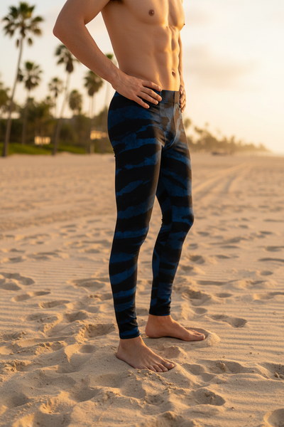 Blue Tiger Striped Meggings, Animal Print Men's Yoga Pants Leggings Run Tights- Made in USA/ EU