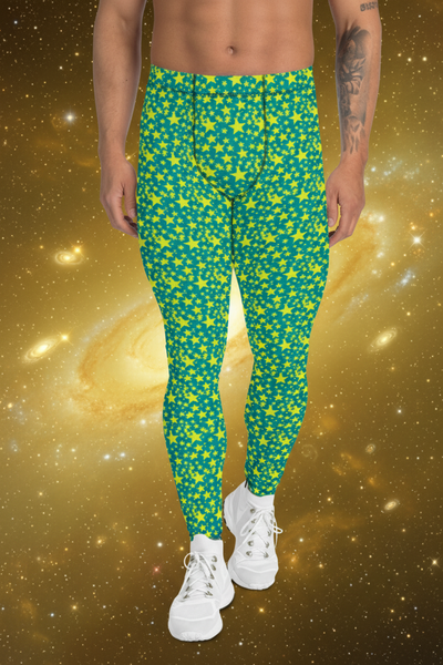 Bright Blue Yellow Starry Meggings, Designer Men's Leggings Compression Tights-Made in USA/EU