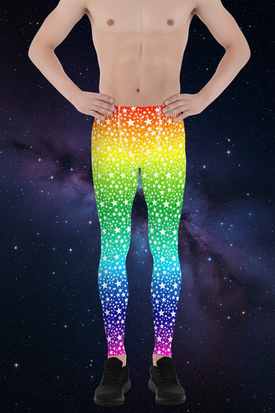 Rainbow White Stars Meggings, Gay Pride Parade Men's Leggings Tights-Made in USA/EU