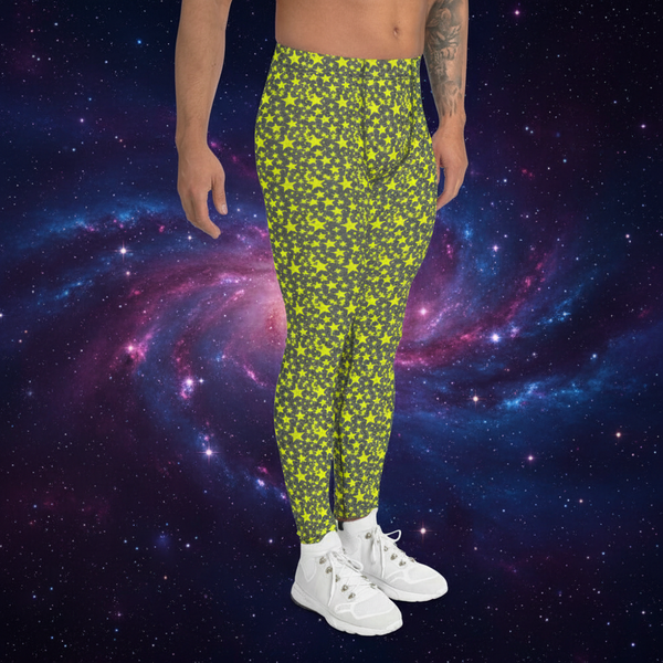 Grey Yellow Starry Meggings, Designer Men's Leggings Star Print Run Tights-Made in USA/MX/EU