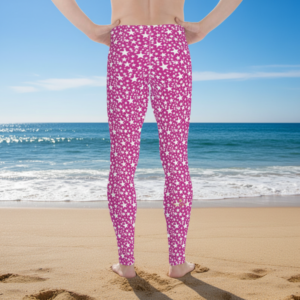 Pink White Star Pattern Print Premium Men's Leggings Compression Tights- Made in USA/EU