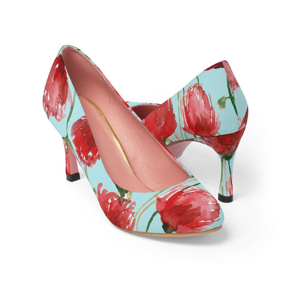 Spring Red Poppy Flower Floral Print Women's Designer 3" High Heels (US Size 5-11)-3 inch Heels-US 7-Heidi Kimura Art LLC