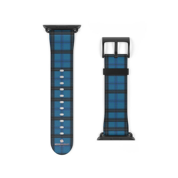 Blue Black Plaid Tartan Print Premium 38mm/42mm Designer Watch Band- Made in USA-Watch Band-38 mm-Black Matte-Heidi Kimura Art LLC Blue Plaid Apple Watch Band, Blue Black Plaid Tartan Print Pattern 38 mm or 42 mm Premium Best Printed Designer Top Quality Faux Leather Comfortable Elegant Fashionable Smart Watch Band Strap, Suitable for Apple Watch Series 1, 2, 3, 4 and 5 Smart Electronic Devices - Made in USA