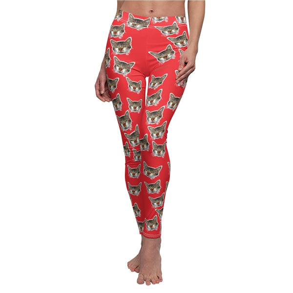 Red Brown Peanut Meow Cat Cute Calico Print Women's Fancy Casual Leggings- Made in USA-All Over Prints-Heidi Kimura Art LLC