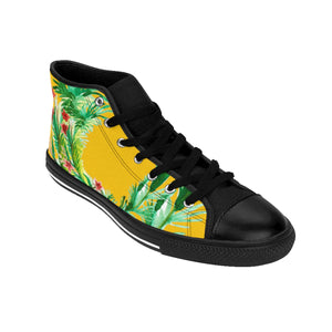 Mustard Yellow Red Floral Print Designer Men's High-top Sneakers Running Tennis Shoes-Men's High Top Sneakers-Black-US 9-Heidi Kimura Art LLC