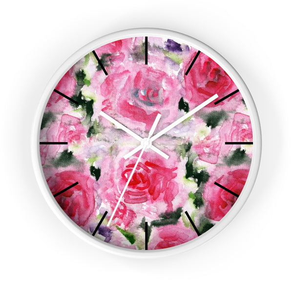 Pink Garden Rose Floral Rose Flower Print 10 inch Diameter Wall Clock - Made in USA-Wall Clock-White-White-Heidi Kimura Art LLC