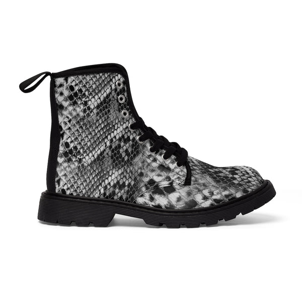Grey Snakeprint Women's Boots, Python Snake Pattern Print Designer Women's Winter Lace-up Toe Cap Hiking Boots Shoes (US Size: 6.5-11)
