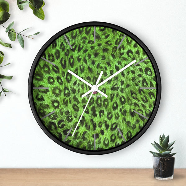 Green Leopard Print Wall Clock,  Numeric 10 inch Diameter Wall Clock, Large Round Wood Girl Children Bedroom Wall Clock