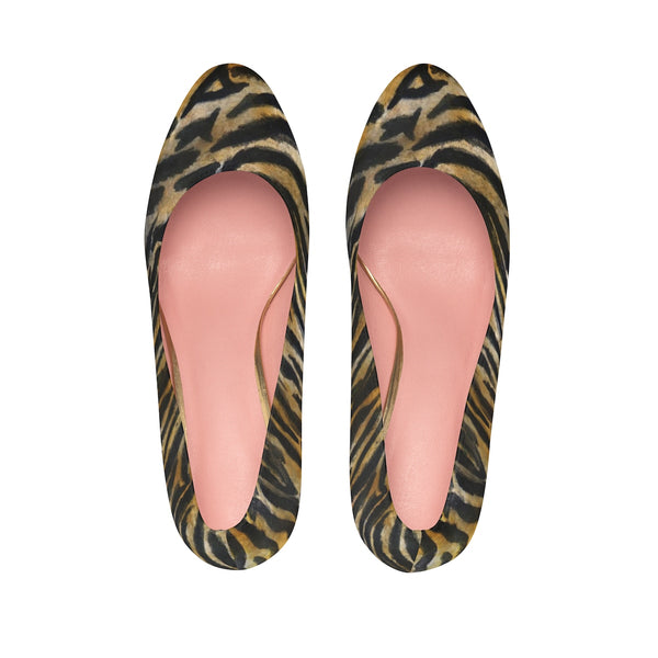 Brown Tiger Stripe Print Women's Heels, Animal Print 4" Platform Pumps High Heels Shoes-4 inch Heels-Heidi Kimura Art LLC