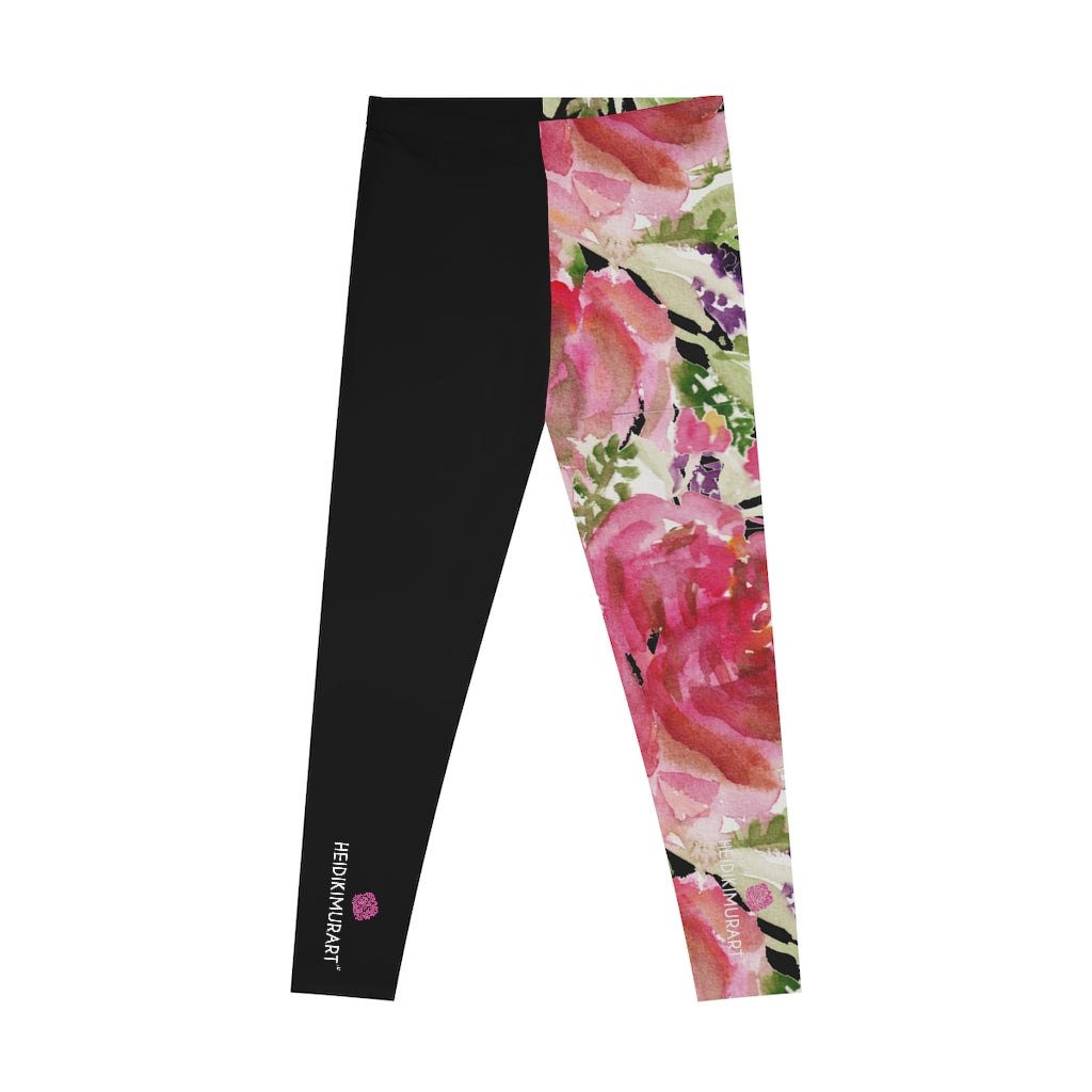 Pink Rose Women's Stretchy Leggings, Pink Floral and Black&nbsp;Best Designer Comfy Women's Fancy Dressy Cut &amp; Sew Casual Leggings - Made in USA (US Size: XS-2XL)&nbsp;Casual Leggings For Women For Sale, Fashion Leggings, Leggings Plus Size, Mid-Waist Fit Tights&nbsp;