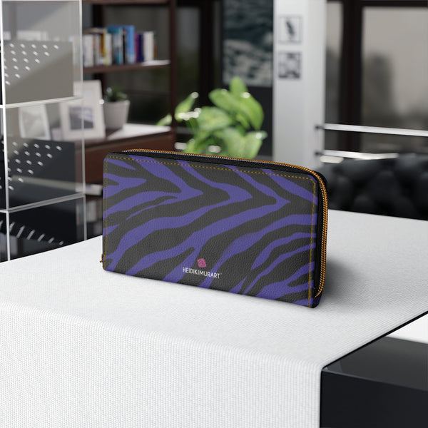 Purple Zebra Print Wallet, Best Zebra Striped Animal Print Best 7.87" x 4.33" Luxury Cruelty-Free Faux Leather Women's Wallet & Purses Compact High Quality Nylon Zip & Metal Hardware, Luxury Long Wallet Card Cases For Women