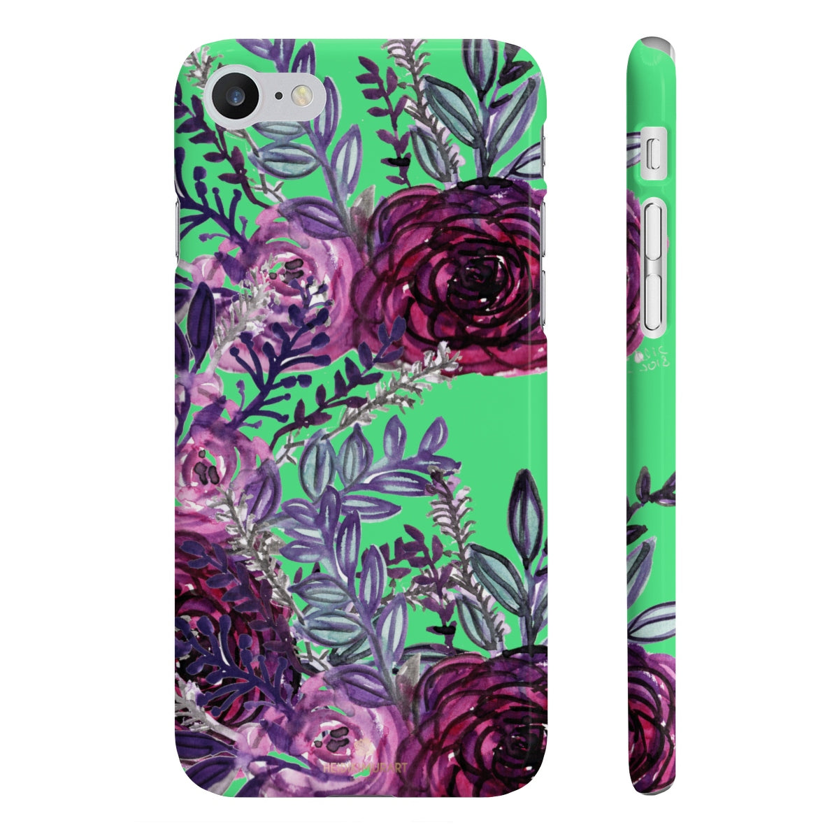 Lime Green Slim iPhone/ Samsung Galaxy Floral Purple Rose Phone Case, Made in UK-Phone Case-iPhone 7, iPhone 8 Slim-Glossy-Heidi Kimura Art LLC
