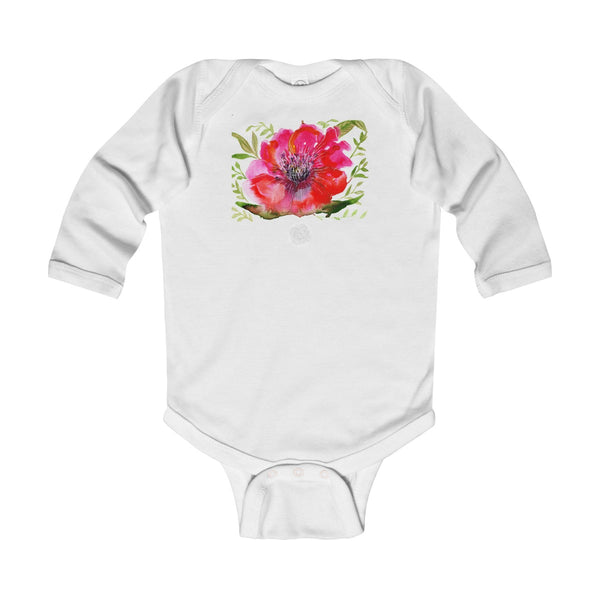 Red Hibiscus Floral Cute Infant Long Sleeve Bodysuit - Made in UK (UK Size: 6M-24M)-Kids clothes-White-12M-Heidi Kimura Art LLC