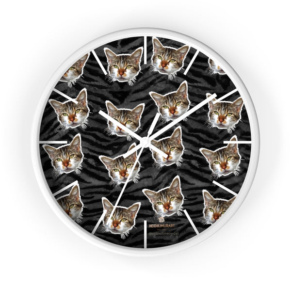 Black Tiger Stripe Cat Print Clock, Large 10" Dia. Indoor Calico Cat Wall Clocks- Made in USA-Wall Clock-10 in-White-White-Heidi Kimura Art LLC