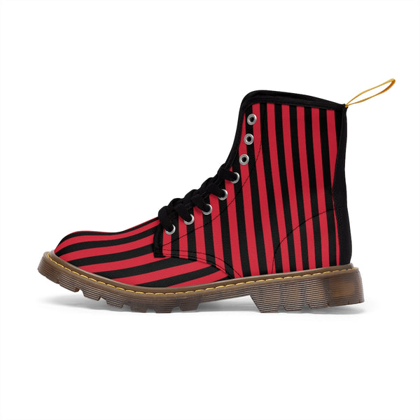Red Black Striped Women's Boots, Modern Stripes Print Winter Canvas Boots For Ladies-Shoes-Printify-Brown-US 8.5-Heidi Kimura Art LLC Red Black Striped Women's Boots, Modern Vertical Stripes Striped Modern Modern Essential Casual Fashion Hiking Boots, Canvas Hiker's Shoes For Mountain Lovers, Stylish Premium Combat Boots, Designer Women's Winter Lace-up Toe Cap Hiking Boots Shoes For Women (US Size 6.5-11)