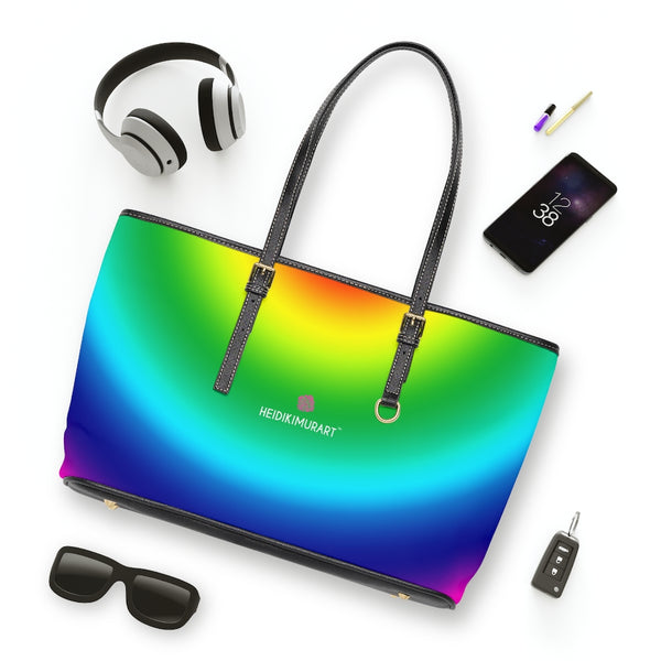 Best Rainbow Best Tote Bag, Gay Pride Colorful Rainbow Ombre PU Leather Shoulder Large Spacious Durable Hand Work Bag 17"x11"/ 16"x10" With Gold-Color Zippers & Buckles & Mobile Phone Slots & Inner Pockets, All Day Large Tote Luxury Best Sleek and Sophisticated Cute Work Shoulder Bag For Women With Outside And Inner Zippers