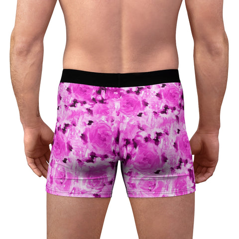 Pink Rose Men's Boxer Briefs, Hot Pink Best Premium Designer Flower Floral Print Designer Fashion Underwear For Sexy Gay Men, Men's Gay Fetish Party Erotic Boxer Briefs Elastic Underwear (US Size: XS-3XL)