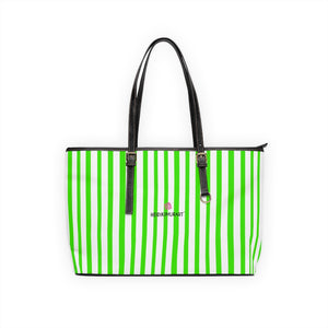 Green Stripes Best Tote Bag, Green White Striped PU Leather Shoulder Large Spacious Durable Hand Work Bag 17"x11"/ 16"x10" With Gold-Color Zippers & Buckles & Mobile Phone Slots & Inner Pockets, All Day Large Tote Luxury Best Sleek and Sophisticated Cute Work Shoulder Bag For Women With Outside And Inner Zippers