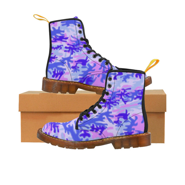Light Pastel Purple Camouflage Military Army Print Men's Canvas Winter Laced Up Boots-Men's Boots-Brown-US 8-Heidi Kimura Art LLC