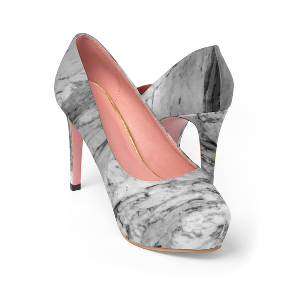White Gray Marble Print Women's 4" Platform Heels Stiletto Pumps (US Size: 5-11)-4 inch Heels-Heidi Kimura Art LLC