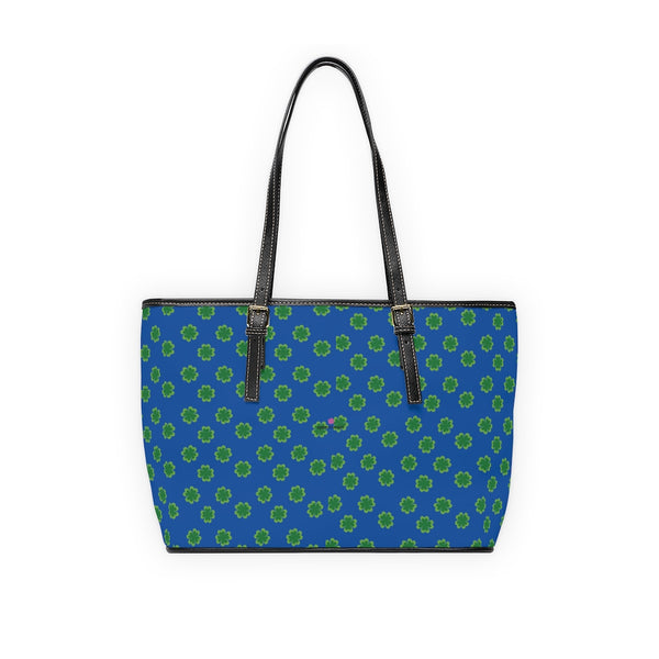 Blue Green Clovers Tote Bag, PU Leather Shoulder Hand Work Bag