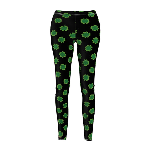 Black Green St. Patrick's Day Green Clover Print Women's Long Casual Leggings- Made in USA-Casual Leggings-Heidi Kimura Art LLC