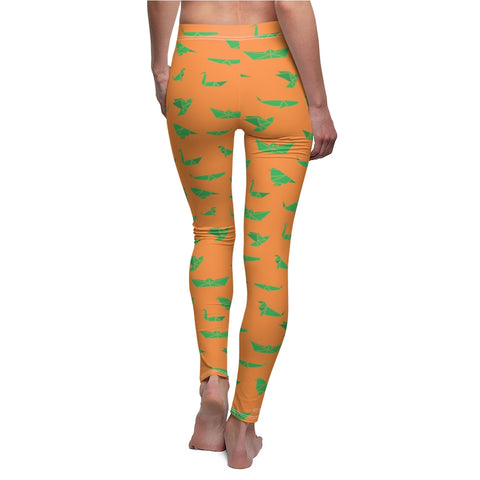 Orange Green Japanese Crane Origami Print Women's Dressy Casual Leggings-Made in USA-Casual Leggings-White Seams-M-Heidi Kimura Art LLC