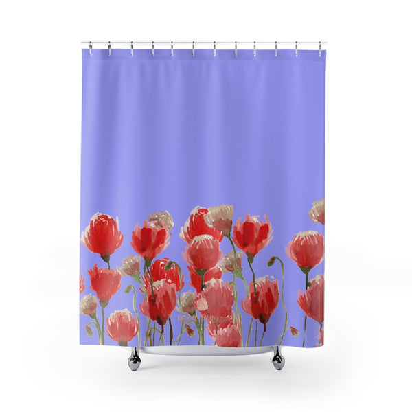 Violet Red Poppy Flower Floral Print Designer Polyester Shower Curtains- Made in USA-Shower Curtain-71" x 74"-Heidi Kimura Art LLC Violet Red Poppy Bath Curtains, Violet Purple and Red Poppy Flower Floral Print Designer Polyester Shower Curtains- Printed in USA, Premium Bathroom Shower Curtains Home Decor Large 100% Polyester 71x74 inches  