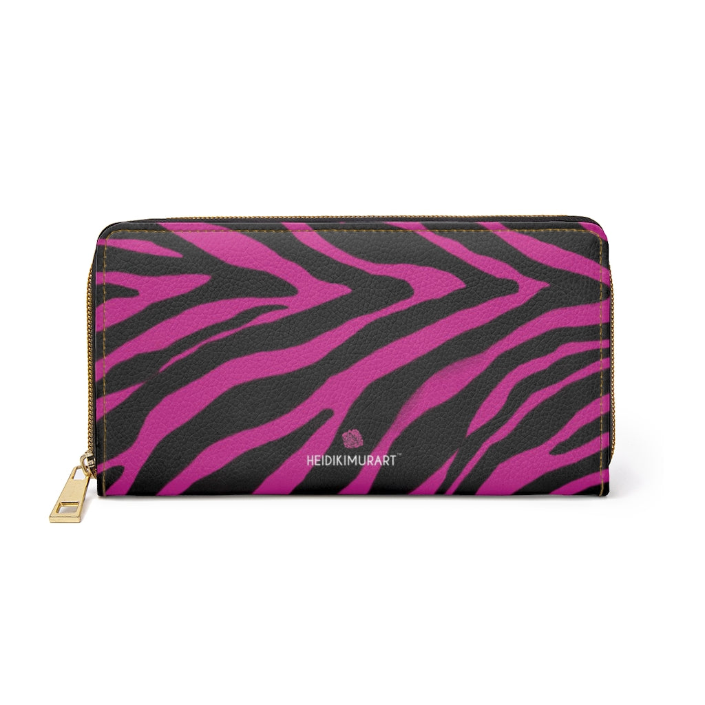 Hot Pink Zebra Animal Print Wallet, Best Zebra Striped Animal Print Best 7.87" x 4.33" Luxury Cruelty-Free Faux Leather Women's Wallet & Purses Compact High Quality Nylon Zip & Metal Hardware, Luxury Long Wallet Card Cases For Women